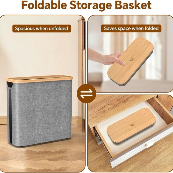 Toilet Paper Storage w/Bamboo Lid, 33.8L Foldable Toilet Paper Basket Organizer - Picture 4 of 7